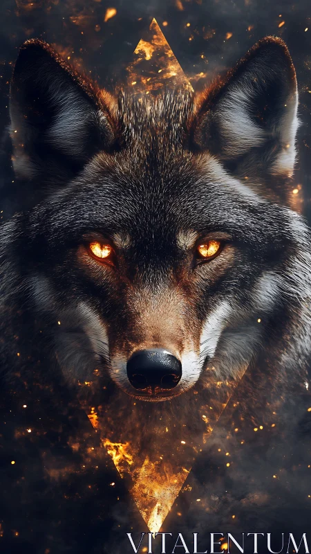 Volumetric wolf portrait with ember-ignited geometric core.