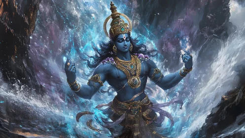 Majestic blue deity rising in swirling cosmic waters.