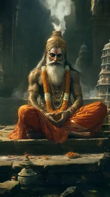 Mystic ascetic in luminous orange robes at ancient shrine.