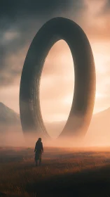 Quiet wanderer greets a colossal ring at sunrise in mist