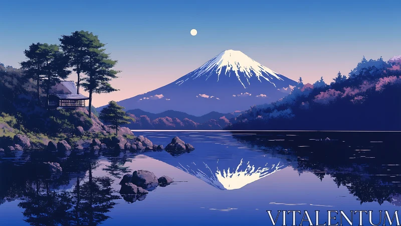 Moonlit Fuji mirrored on a glass lake of skywater.