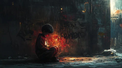 Luminous device glow isolating child in degraded urban alleyway.