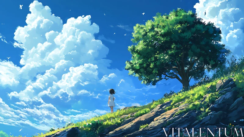 Cloud towers drift while a hillside dreamer listens for wind