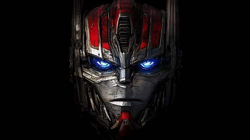 Chrome robot face glows with intense blue mechanical eyes