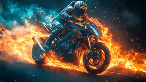 Motorcycle rider accelerates through cinematic corridor of flame