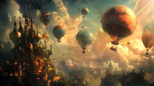 Dream-lit sky harbor of floating balloons and golden spires.