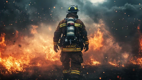 Firefighter in protective gear amid active fire conditions