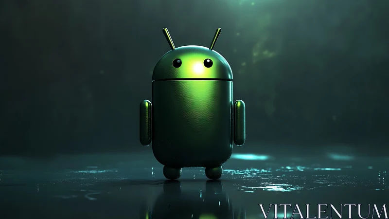 Metallic green android mascot glows on reflective floor.