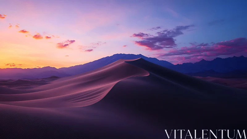 Sunrise light over purple desert sand dunes and mountains.