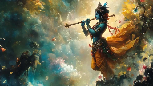 Celestial flute player drifts through glowing cosmic clouds