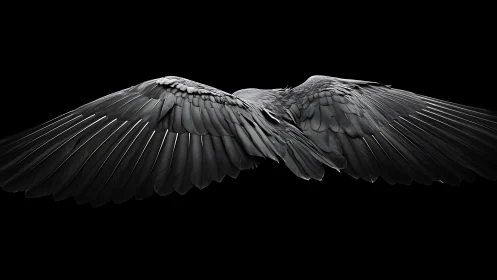 Majestic black bird wings spread wide on dramatic dark background.