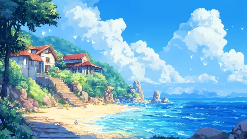 Sunny seaside village path leading toward a gentle blue bay.