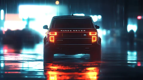 Midnight SUV glows on neon rain-slicked cybercity street.