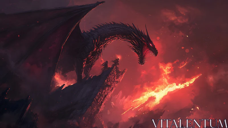 Dragon silhouette over burning volcanic landscape at night.