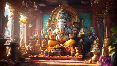 Ganesh idol in ornate temple sanctum with radiant warm lighting.