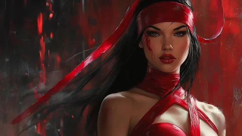 Female warrior in red wrappings faces viewer against abstract red