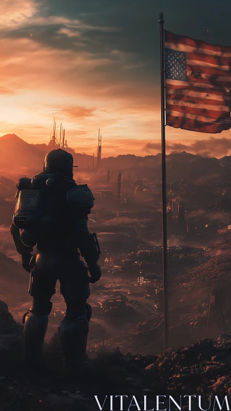 Armored explorer beneath tattered flag at Martian dawn.