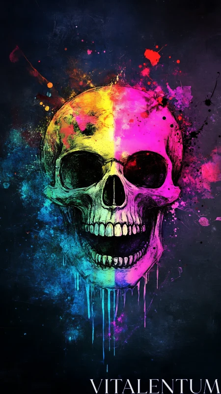 Neon splatter skull glows against deep cosmic darkness.