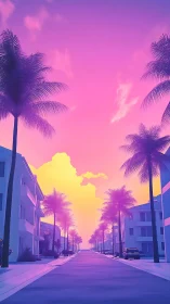 Neon sunset pours candy light down a quiet palm avenue