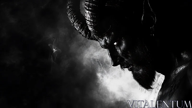 Brooding horned figure emerging from swirling shadowed smoke.