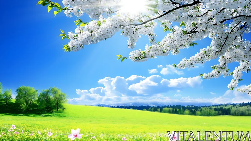 Radiant spring meadow under blooming cherry branches and sun