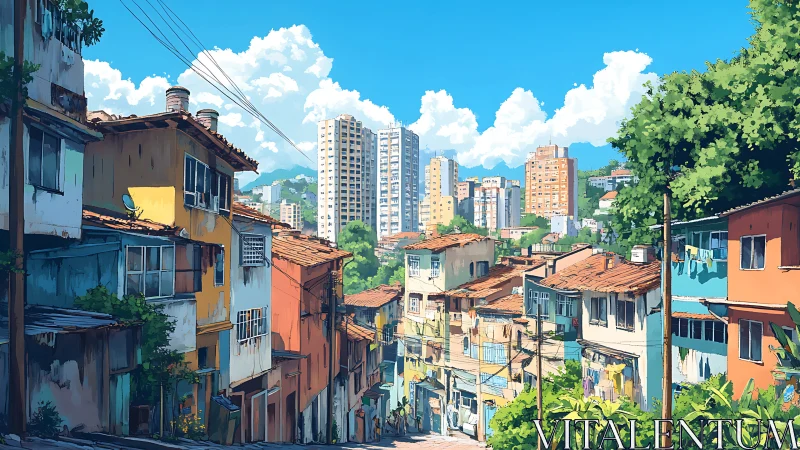 Hillside favela street with layered skyline depth rendering.