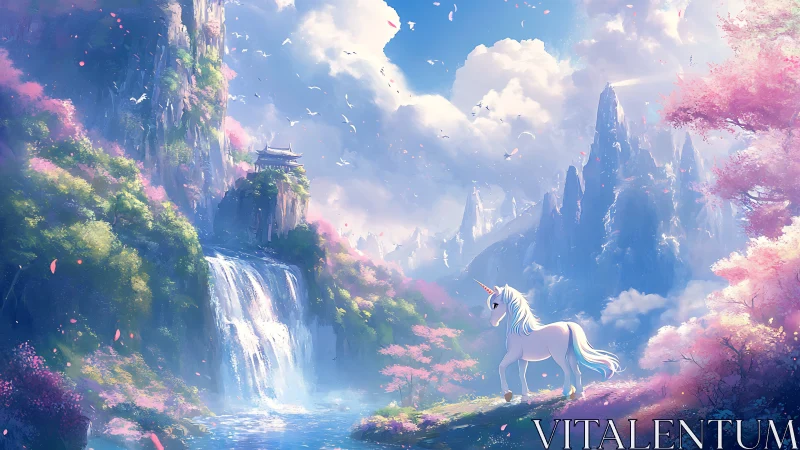 Unicorn beside waterfall in luminous pastel fantasy valley.