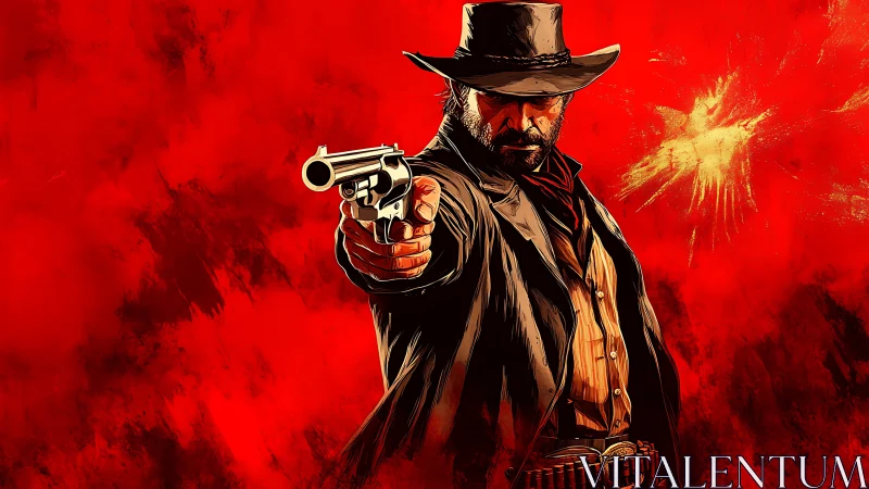 Gunslinger in scarlet backdrop with cinematic cel-shaded detail.