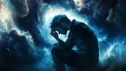 Silhouetted man in cosmic nebula vortex visualizing internal turmoil