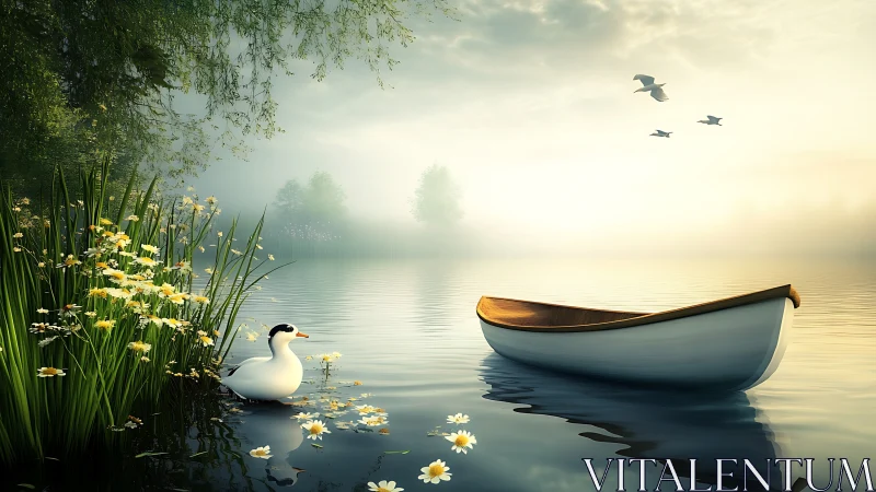 Morning mist cradles a quiet boat and its watchful swan