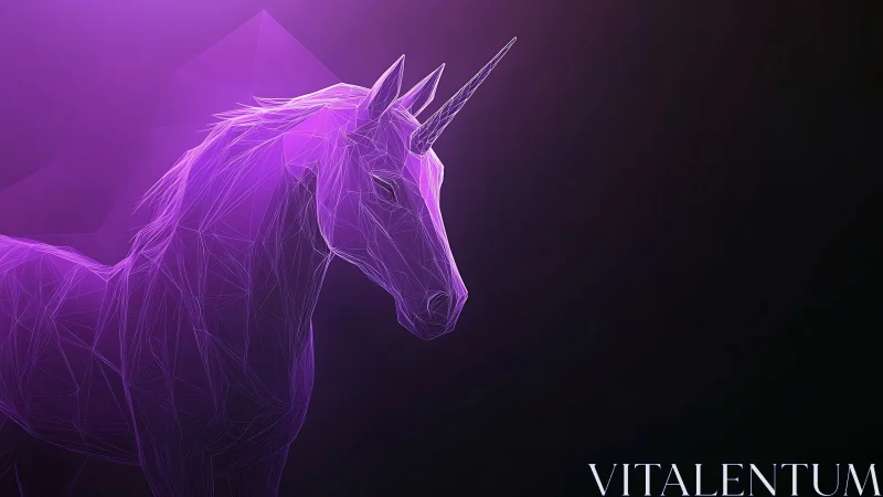 Low-poly violet unicorn rendered as luminous vector mesh.