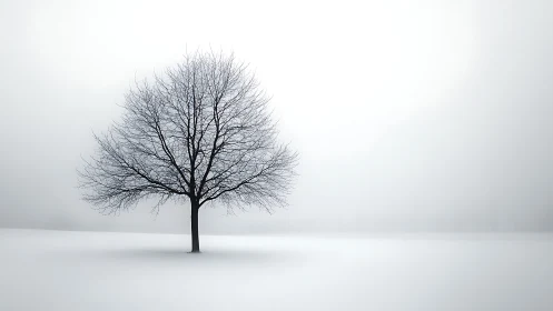 Solitary winter tree stands in a vast silent white field.