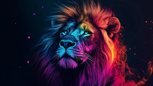 Neon lion portrait blazing in vibrant spectral colors.