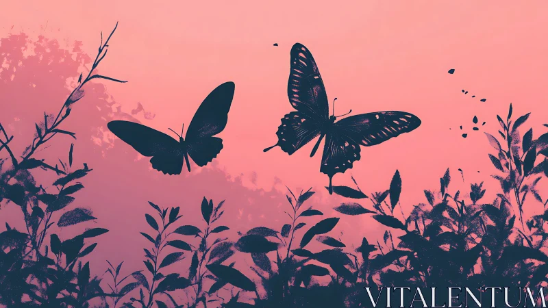 Butterflies drifting through a rosy twilight garden sky.