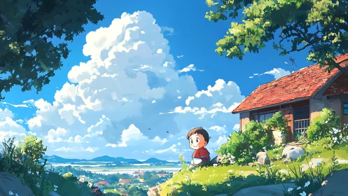 Child on hillside near rural house under expansive clouds.