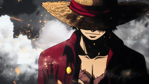 Straw-hatted anime swordsman amid embers and stormfront.