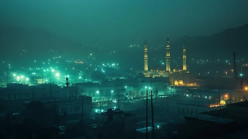 Emerald fog over glowing minarets and a sleepless valley.