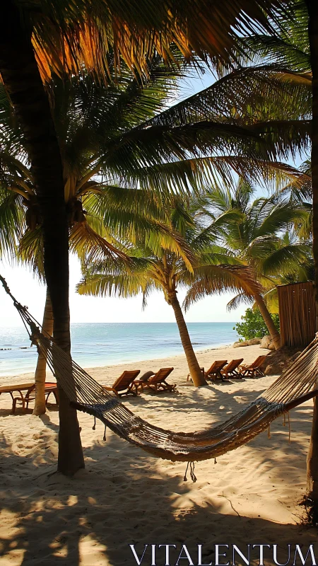 Tropical hammock under palms beside quiet ocean shoreline.