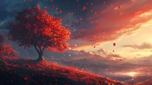 Fiery autumn tree glows against a dramatic sunset sky