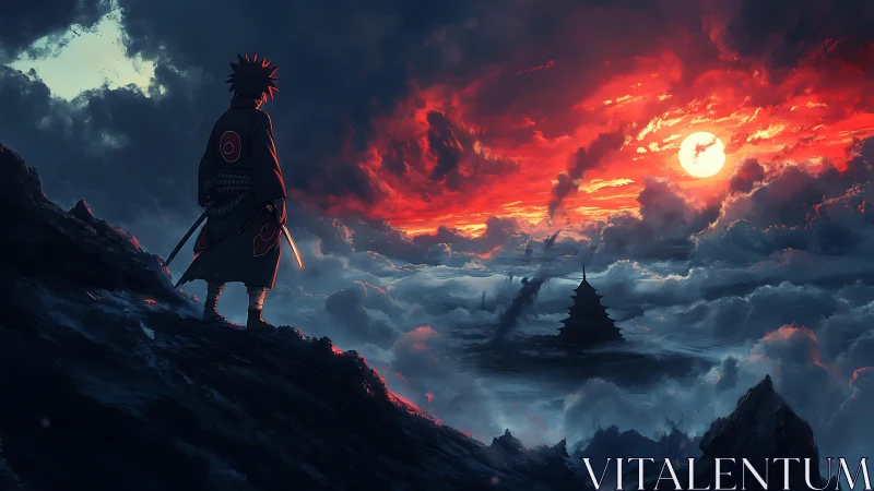 Solitary figure on ridge observing distant temple at dusk.