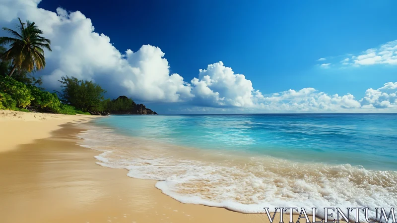 Tropical beach shoreline shows clear waves, sand, and clouds