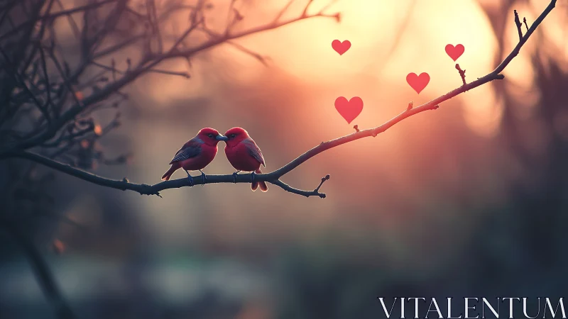 Two Birds Perched on Branch with Floating Hearts Against Sunset