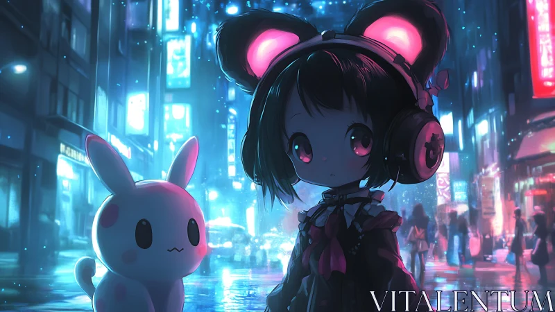 Neon city street frames chibi girl and rabbit under rain