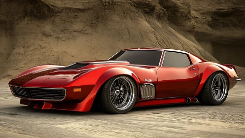 Rendered red sports coupe is parked on textured desert ground