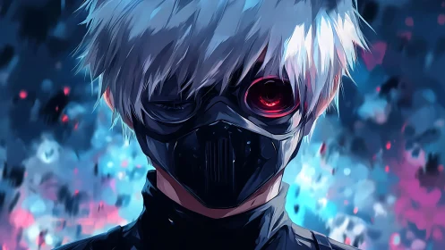 Masked white haired anime figure with glowing red eye.
