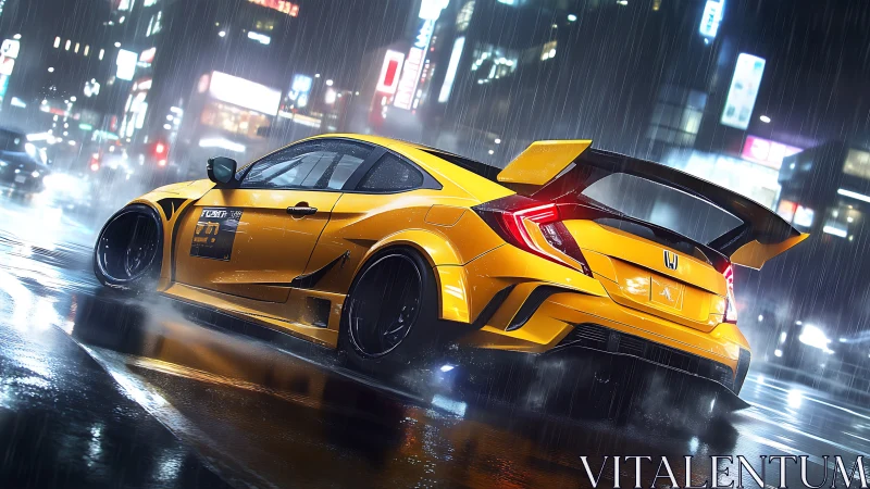 Yellow tuner Honda in neon city rain, cinematic angle.