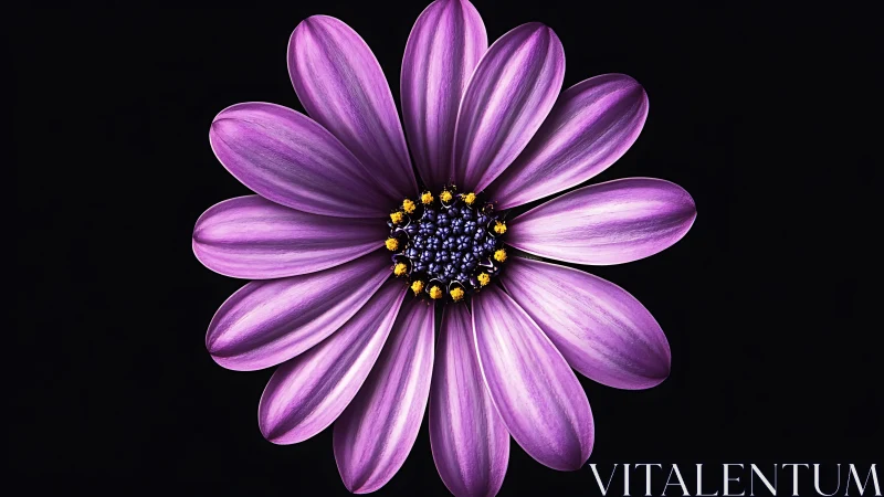 Purple Daisy Macro Composition Against Black Background.
