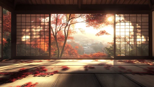 Autumn light fills tranquil Japanese tatami room interior.