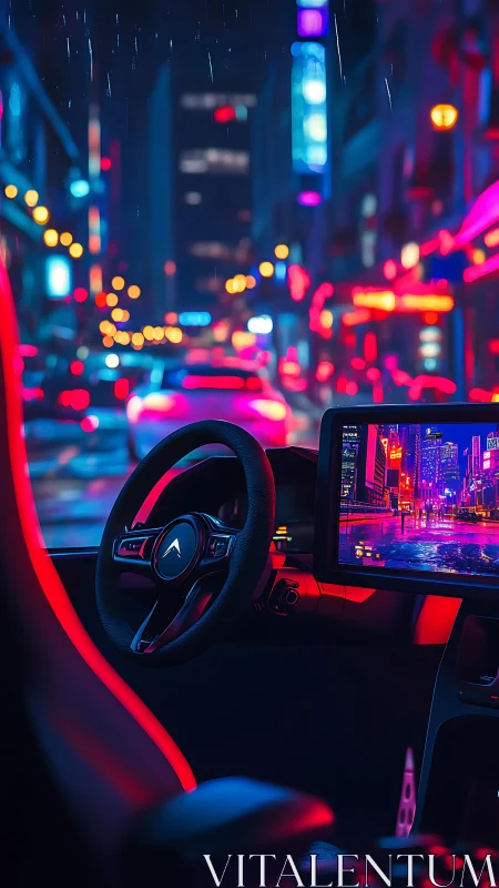 Neon drenched cockpit view of autonomous EV in rainy city night