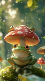 Tree frog rests beneath glowing red toadstool canopy